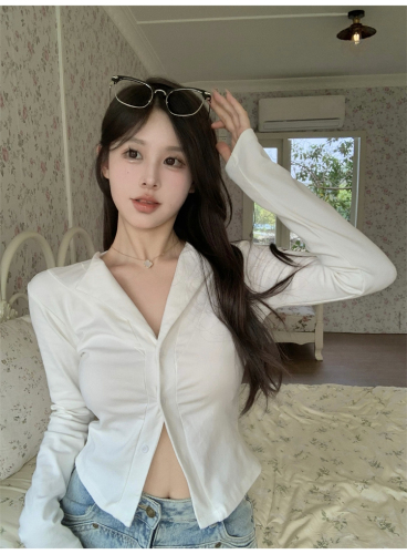 Official picture of pure lust style white V-neck long-sleeved shoulder T-shirt for women in autumn hot girl slim-fitting short bottoming shirt lapel top