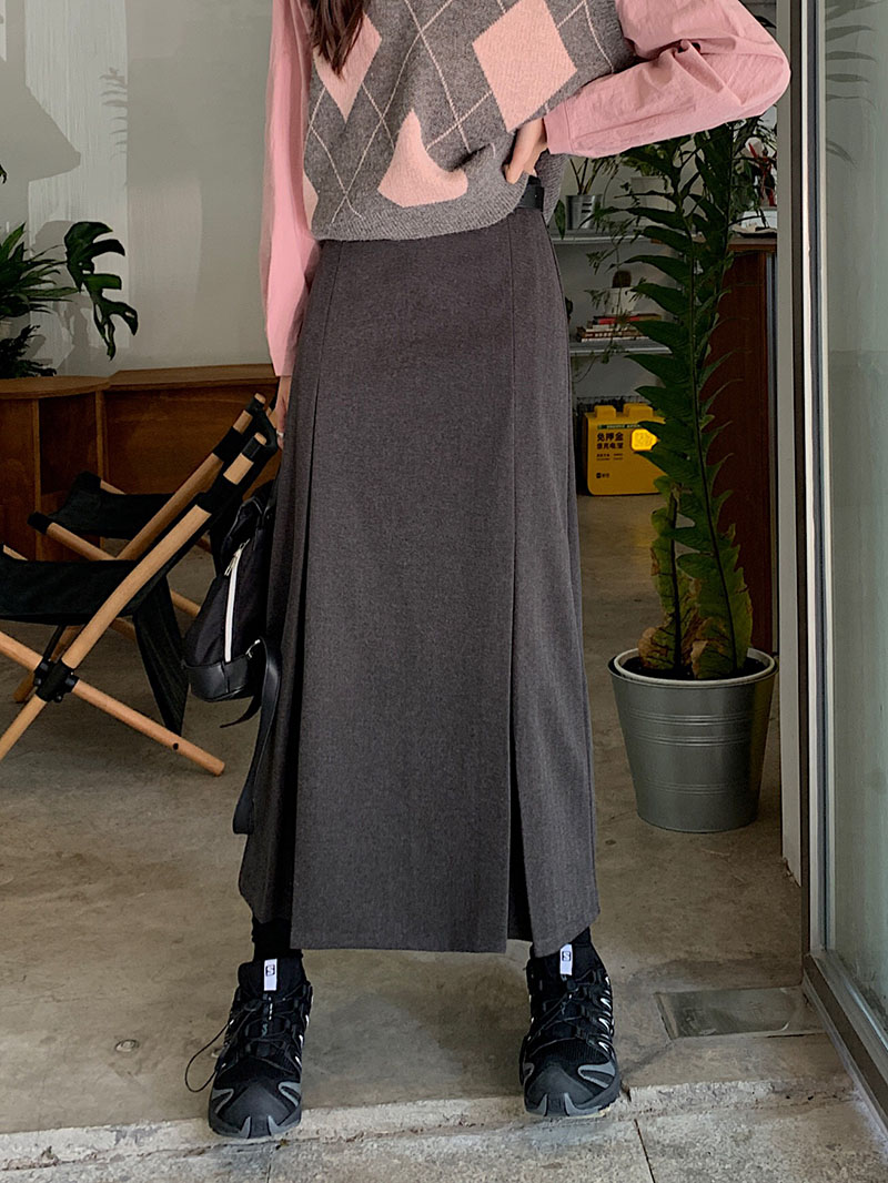 Real shot of woolen skirt for women, high-waisted, slimming, solid color, mid-length, I-pleated A-line skirt with belt