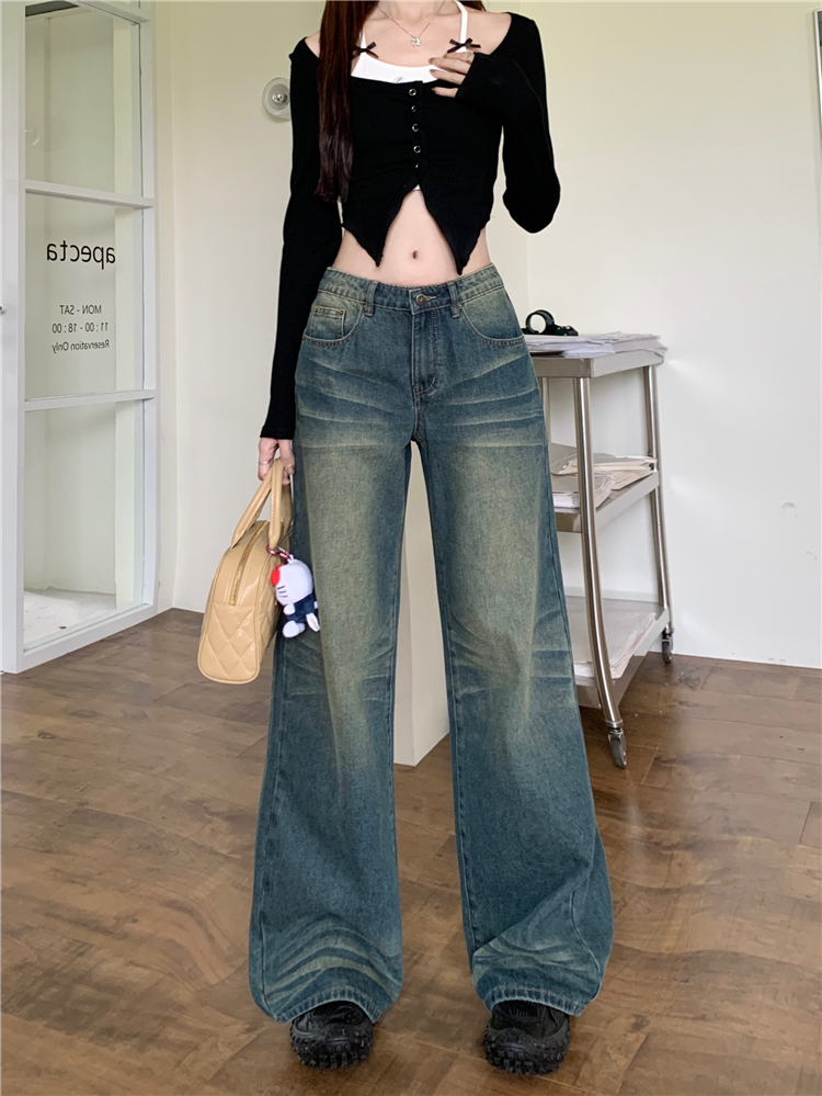 實拍~2023秋冬美式復古辣妹褲子低腰闊腿褲直筒牛仔褲女