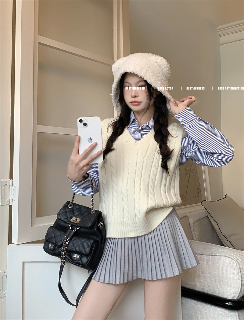 實拍~學院風麻花毛衣背心2023新款寬鬆美式復古針織馬甲襯衫