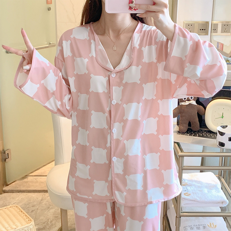 實拍睡衣女春秋季翻邊開衫寬鬆大碼可愛卡通甜美家居服套裝