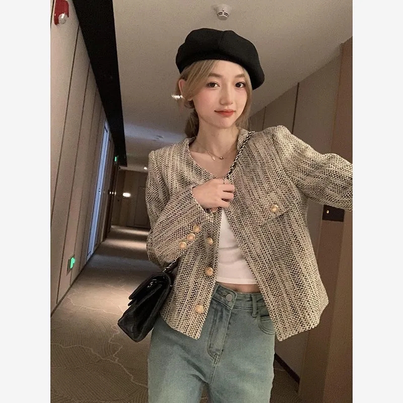 2023春秋新款上衣法式高級設計感名媛小個子藍色短款小香風外套女