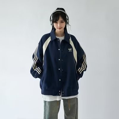 美式復古酒紅色三條槓寬鬆夾克棒球服女短款學院風外套春秋季潮