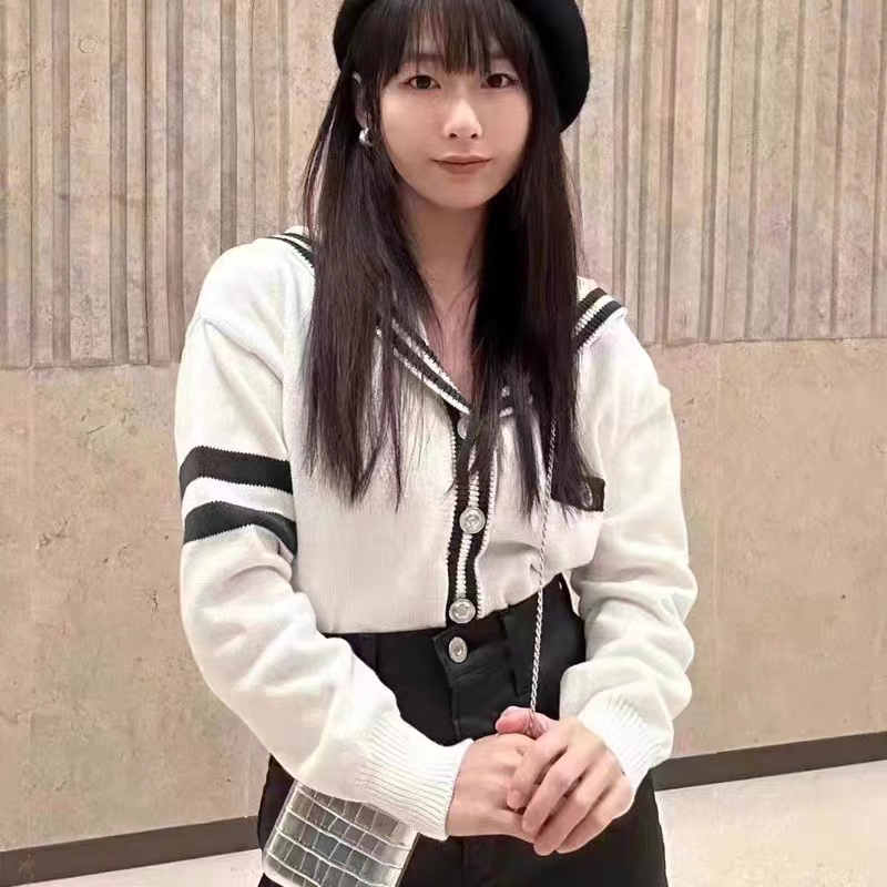 條紋拼色海軍領毛衣女寬鬆短款減齡學院風針織開衫上衣
