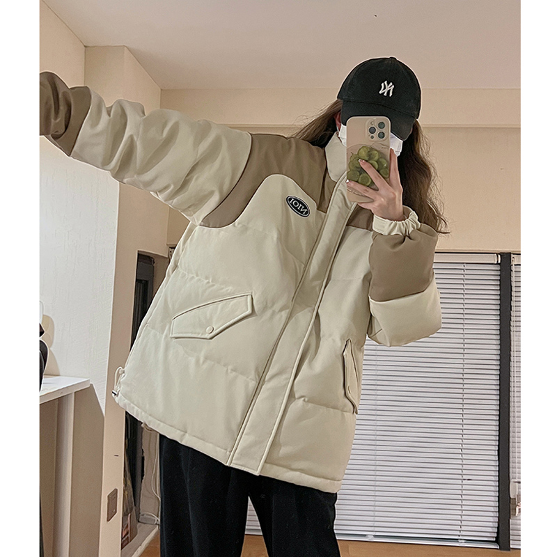 實拍PU皮面短款羽絨棉服女2023年新款小個子情侶加厚麵包服外套