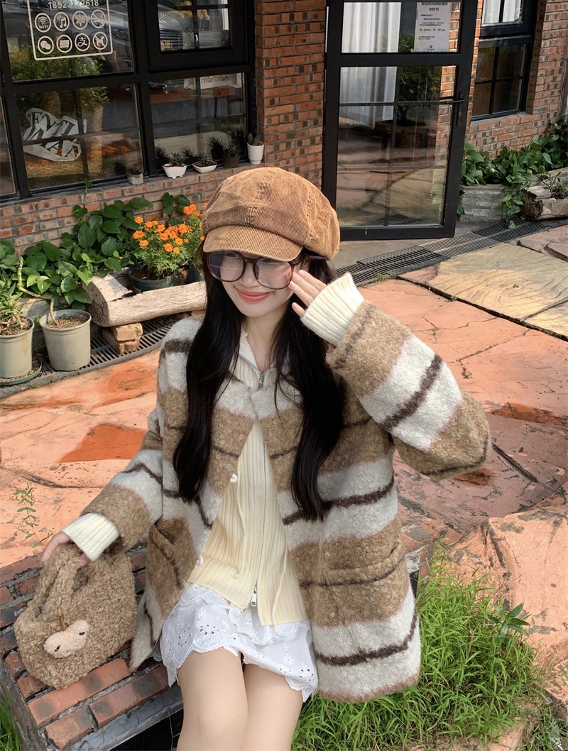 實拍 焦糖瑪奇朵毛呢外套撞色條紋圓領寬鬆百搭呢子上衣