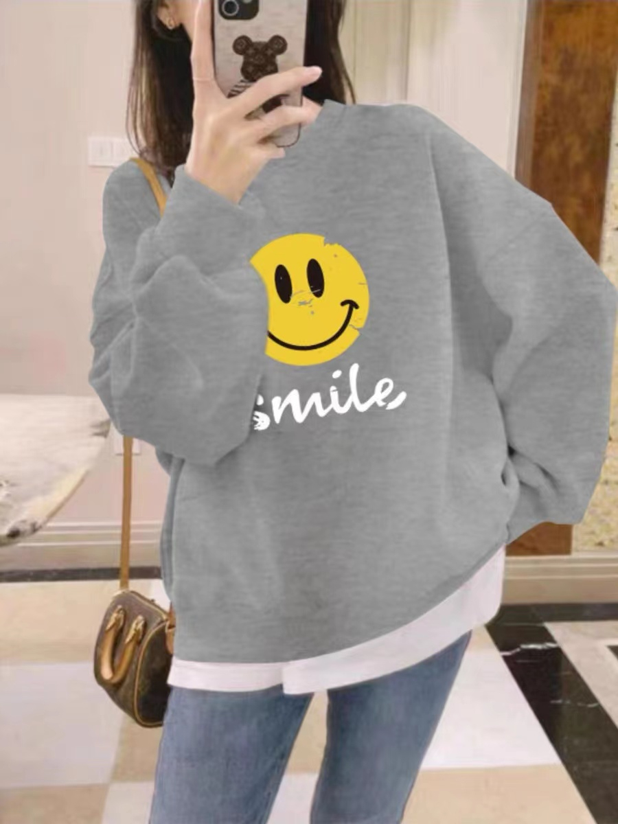 Women's sweatshirt spring and autumn new women's loose round neck fake two-piece trendy versatile casual splicing pullover long sleeves plus velvet