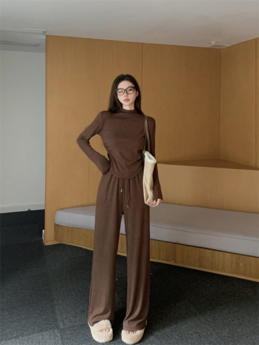 Actual shot of cashmere stand-up collar slim pleated autumn and winter high-waisted straight wide-leg trousers two-piece set for women
