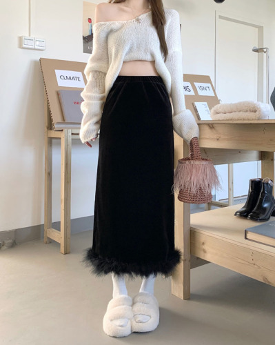 Real shot ~ 2023 new autumn Korean style fur-edged velvet mid-length skirt with design slit and hip-covering skirt for women