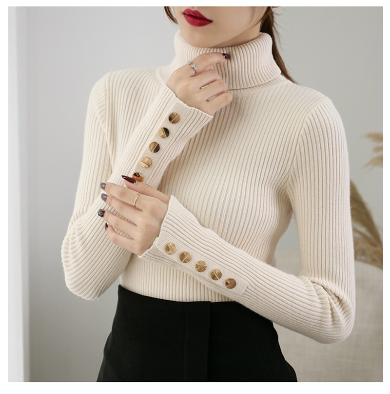 Turtleneck sweater women's button-down long-sleeved short slim-fitting bottoming sweater autumn and winter pullover versatile inner sweater
