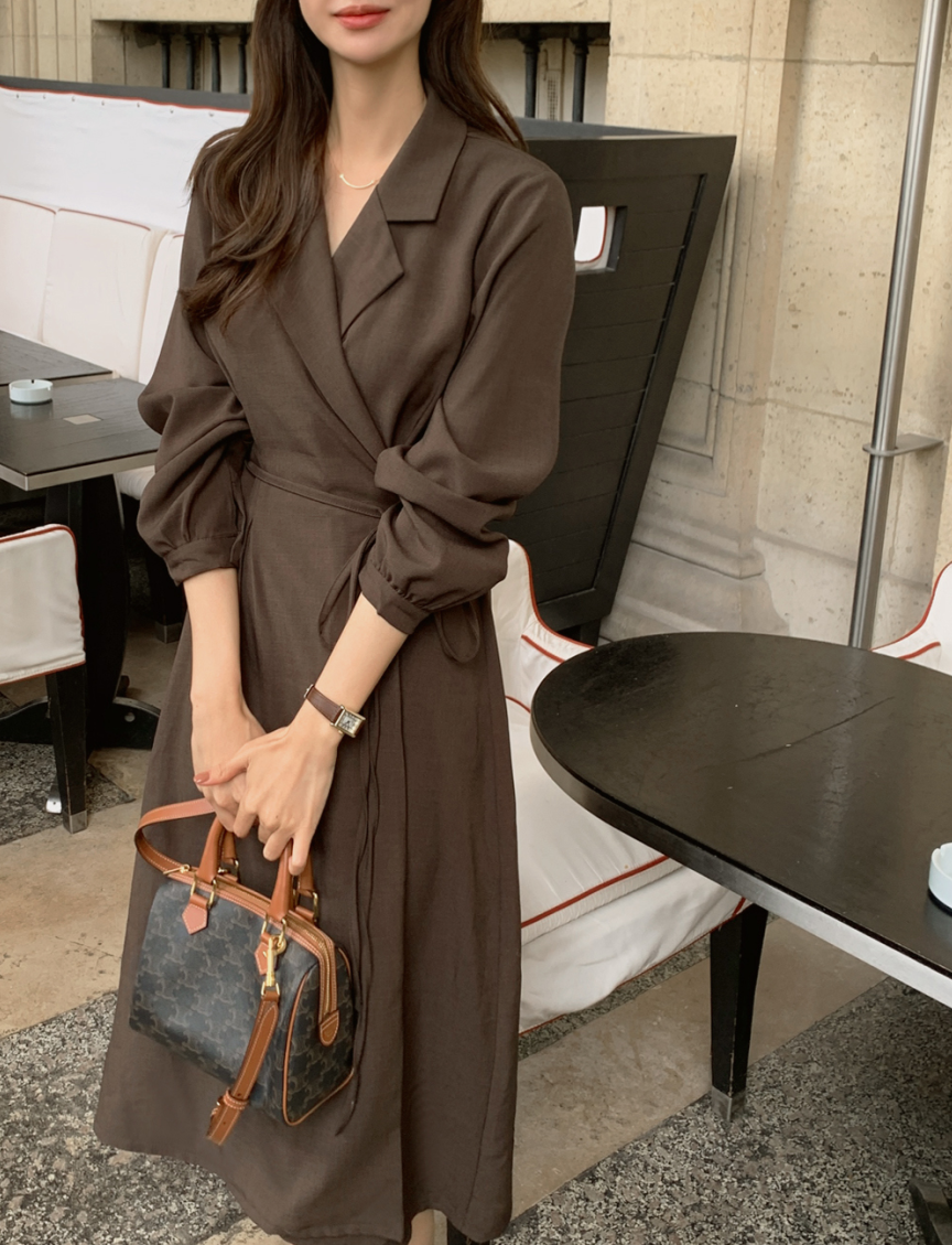 Korean chic autumn and winter suit collar, long sleeves, tie waist, mid-length dress
