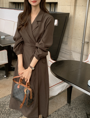 Korean chic autumn and winter suit collar, long sleeves, tie waist, mid-length dress