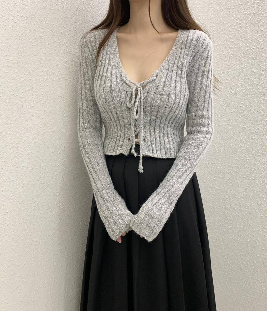 韓國chic 秋冬氣質V領花灰 高腰短款綁帶針織衫 小個子上衣