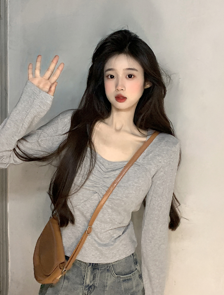 Actual shot ~ early autumn new style small lapel slim fit pure lust style long-sleeved T-shirt