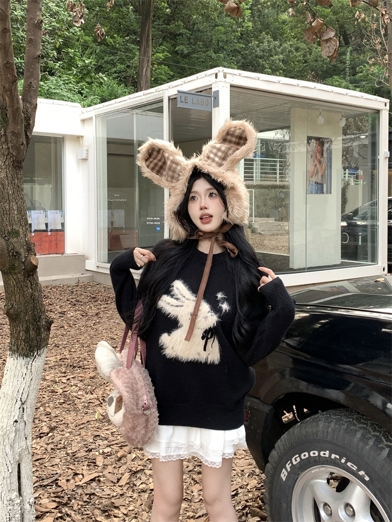 實拍 小奶兔 套頭毛衣針織衫女長袖外穿寬鬆毛衣甜妹
