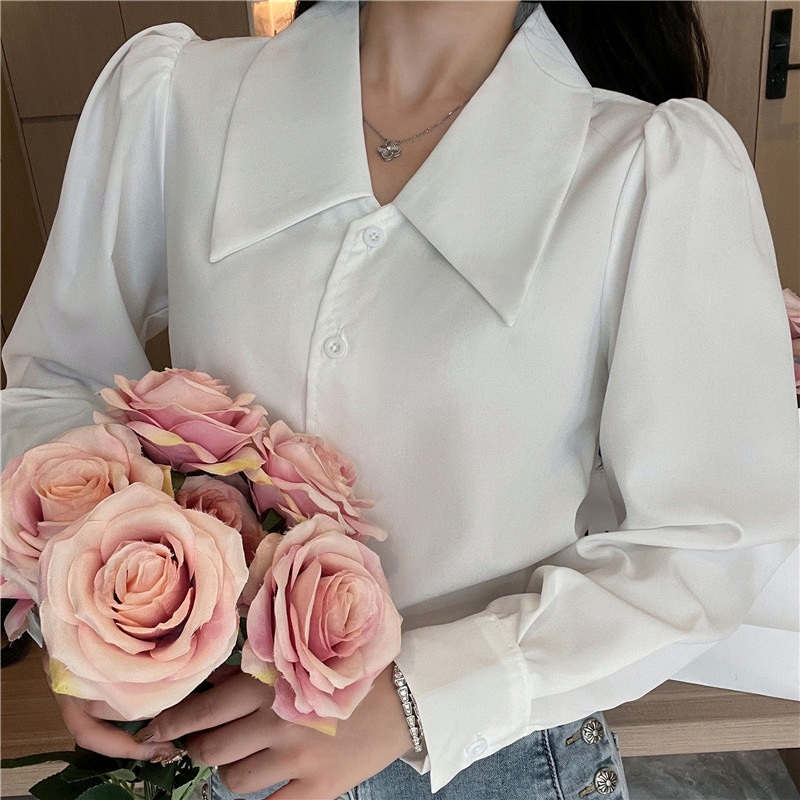 Real shot #French retro high-end simple and versatile long-sleeved lapel puff-sleeved shirt autumn and winter new top