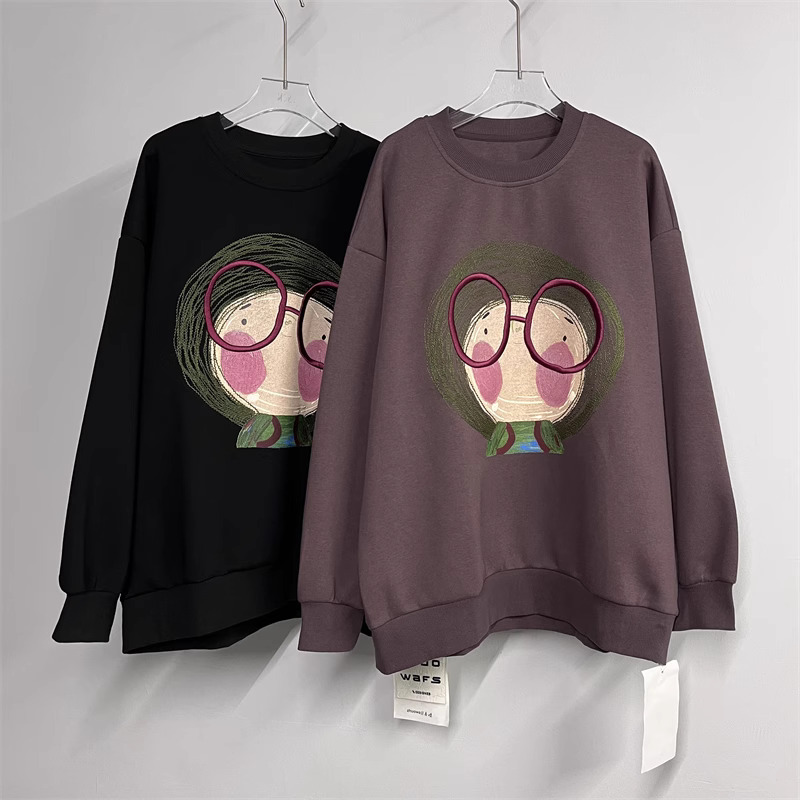 Retro Glasses Girls Round Neck Loose Casual Long Sleeve Sweater Top Women Design Sense Niche 2023 Autumn New Style
