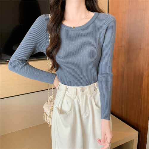 Spring and Autumn  New Round Neck Slim Fit Long Sleeve Bottoming Sweater Top Western Style Inner Sweater Women Autumn and Winter