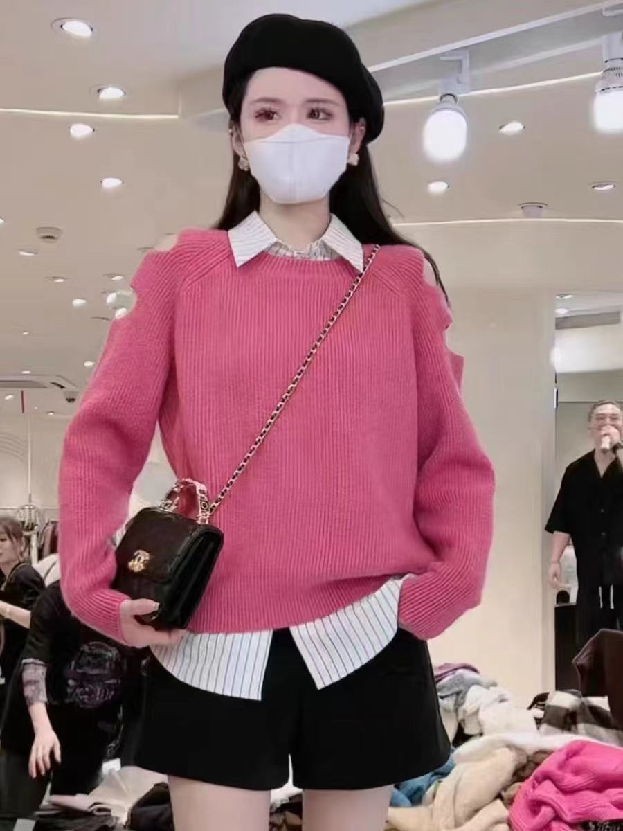 歐貨2023秋冬新款長袖毛衣女設計感時尚百搭破洞袖子針織衫上衣潮