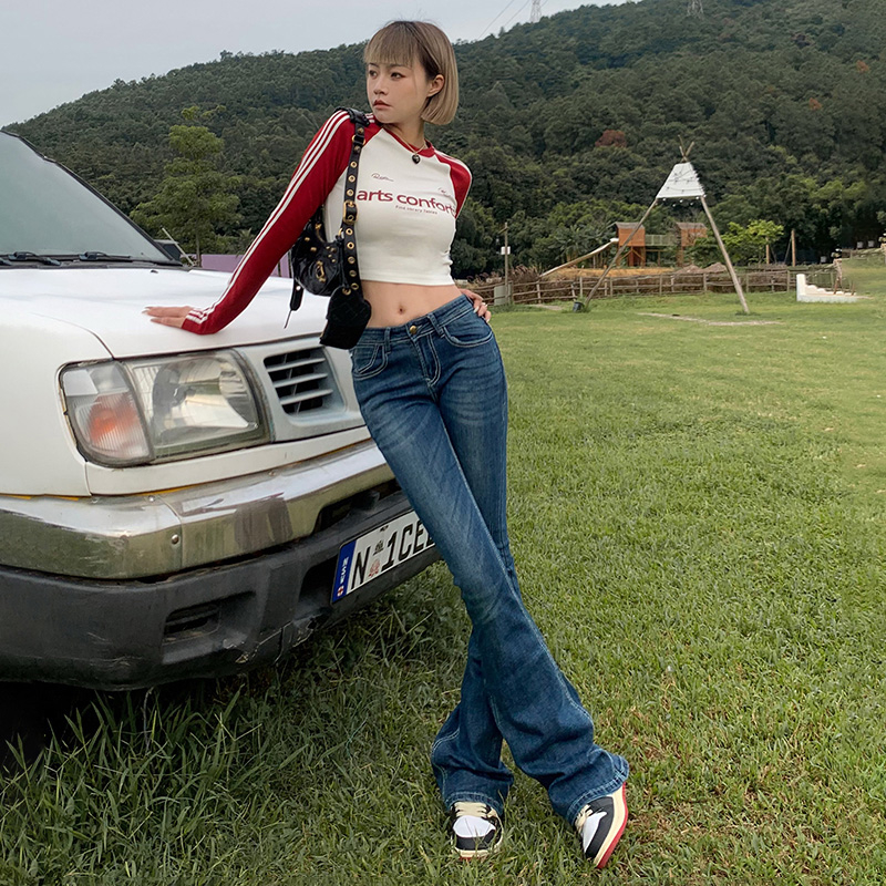 實拍2023秋季復古辣妹彈力喇叭褲刺繡修身顯瘦牛仔褲女
