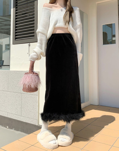 Real shot ~ 2023 new autumn Korean style fur-edged velvet mid-length skirt with design slit and hip-covering skirt for women