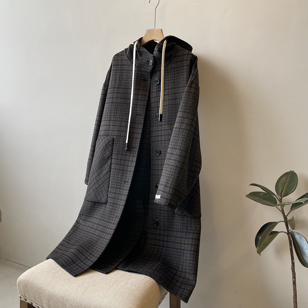 Actual shot ~ Plaid woolen coat for women 2023 winter new style student loose hooded woolen coat