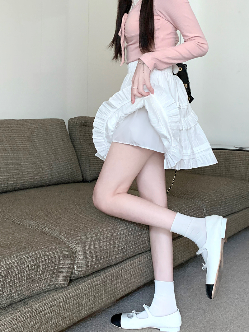 甜美芭蕾風白色荷葉邊防走光半身裙女小個子蛋糕蓬蓬短款裙子