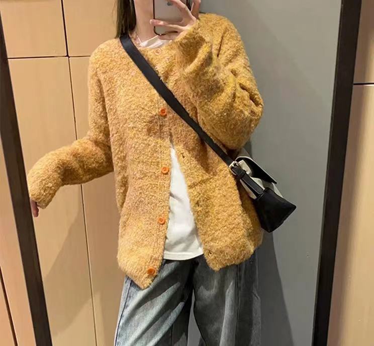 Fufu lazy style soft waxy yellow vintage cardigan sweater jacket women's autumn and winter Korean style 2023 new style