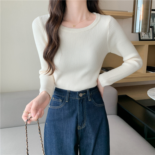 Spring and Autumn  New Round Neck Slim Fit Long Sleeve Bottoming Sweater Top Western Style Inner Sweater Women Autumn and Winter