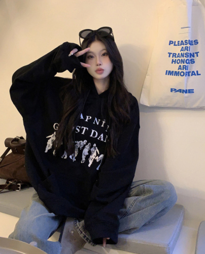 Real shot American retro niche loose printed letter hooded sweatshirt for women lazy ins style