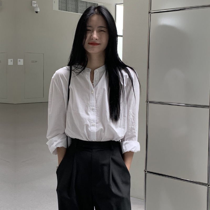 Korean style round neck white shirt women's long sleeve 2023 autumn pure cotton shirt retro design niche bubble ins