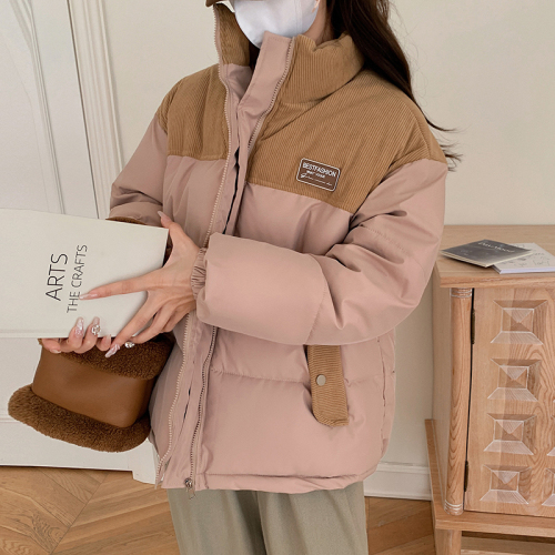 Real shot of corduroy spliced ​​cotton coat for women winter  loose oversize cotton coat retro thickened short jacket