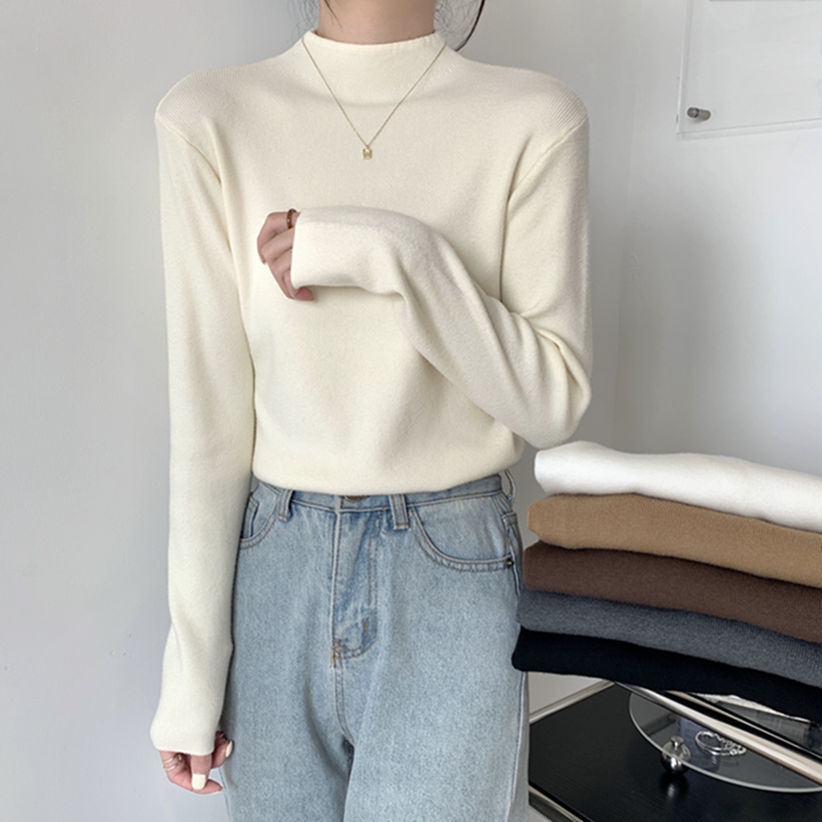 Actual shot of autumn and winter Korean style half turtleneck basic solid color inner thickened knitted long-sleeved bottoming shirt for women