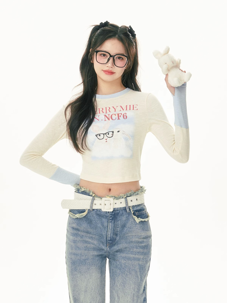 NS76 Spring new style glasses rabbit printed long-sleeved T-shirt with bottoming shirt slim hot girl short top for women