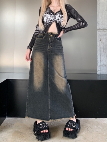 Actual shot#New style raw edge denim skirt women's design A-line hip mid-length skirt