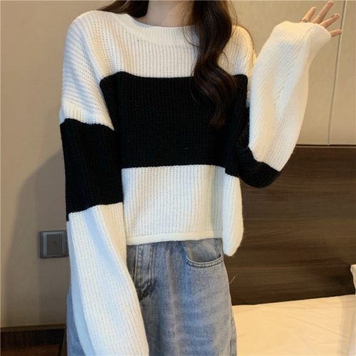 Actual shot ~ New Korean style loose, lazy style, versatile striped color matching long-sleeved knitted pullover sweater for women