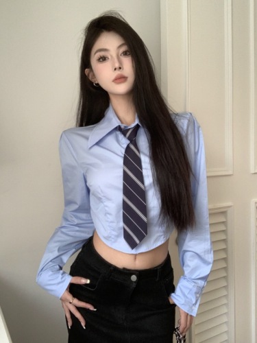 Real shot blue short tie solid color niche shirt high waist slim fit fishtail denim skirt