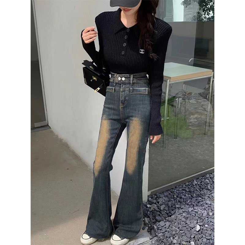 ！推薦！抓毛！彈力高腰顯瘦牛仔微喇叭褲女