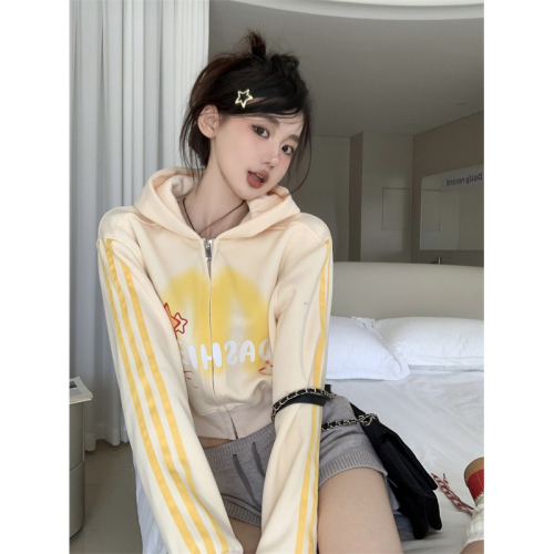 American retro fashion contrasting color hooded sweatshirt early autumn  new design short long-sleeved jacket tops for women