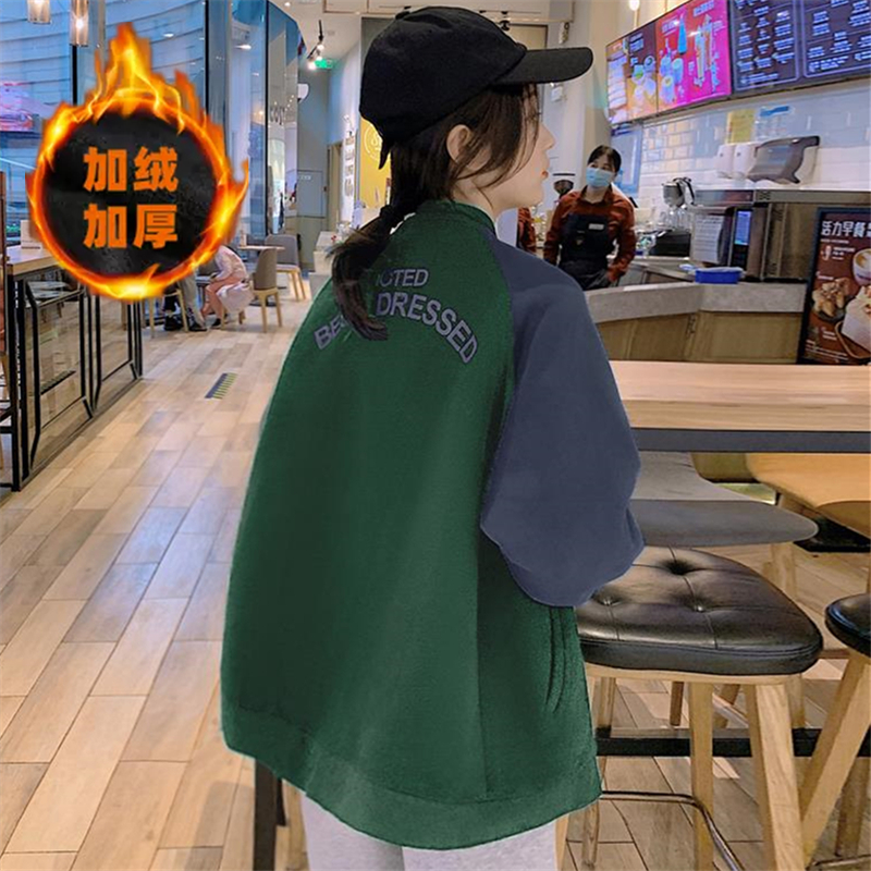 美式復古拼色衛衣加絨加厚新款休閒寬鬆棒球服外套華棉複合真超