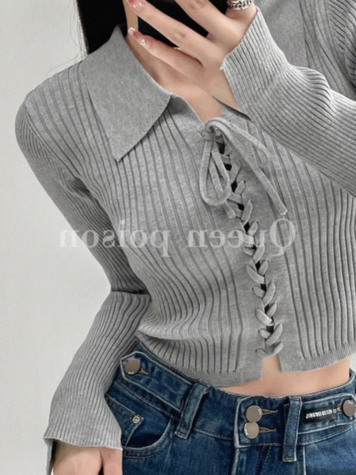 American hottie strappy lapel sweater for women autumn 2023 new slim fit short long-sleeved bottoming shirt trendy