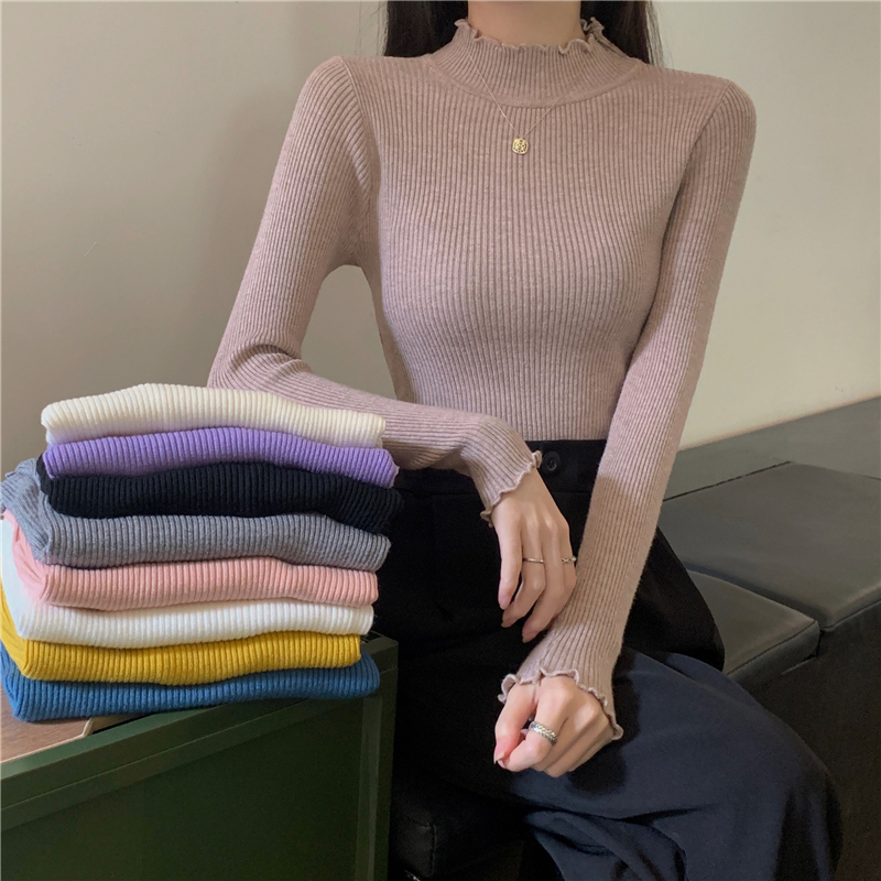 Actual shot of new autumn and winter half turtleneck long-sleeved bottoming shirt slim knitted sweater women's top