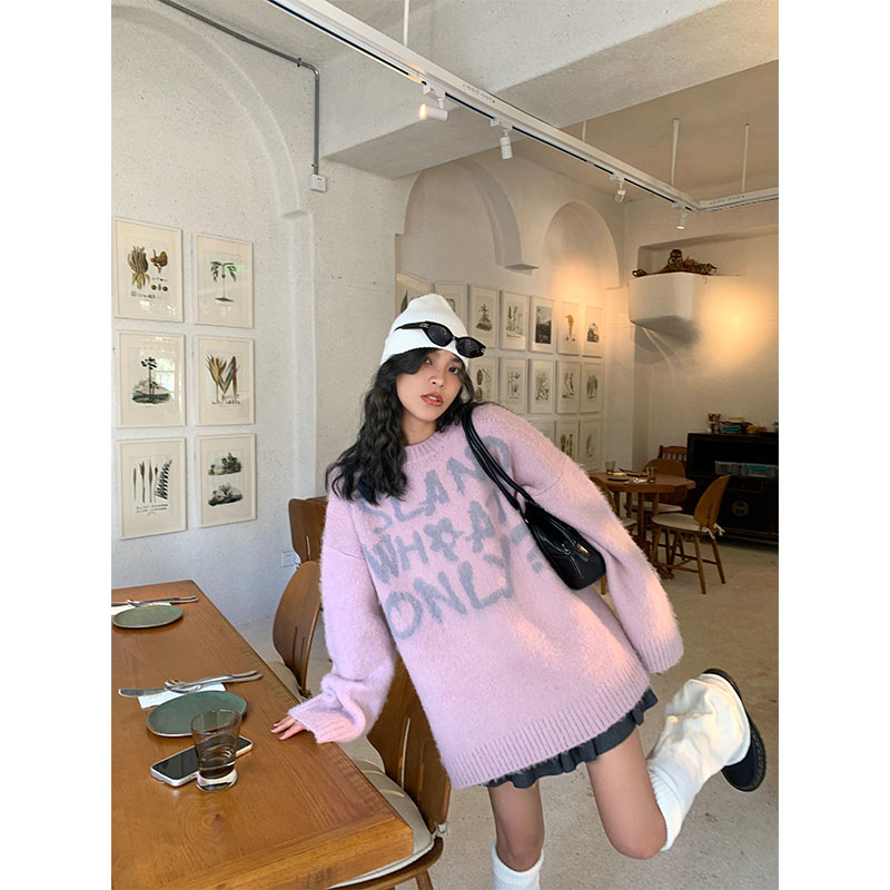 NIDEBLACK圓領套頭毛衣女冬ins潮馬海毛軟糯毛絨寬鬆國潮毛衫
