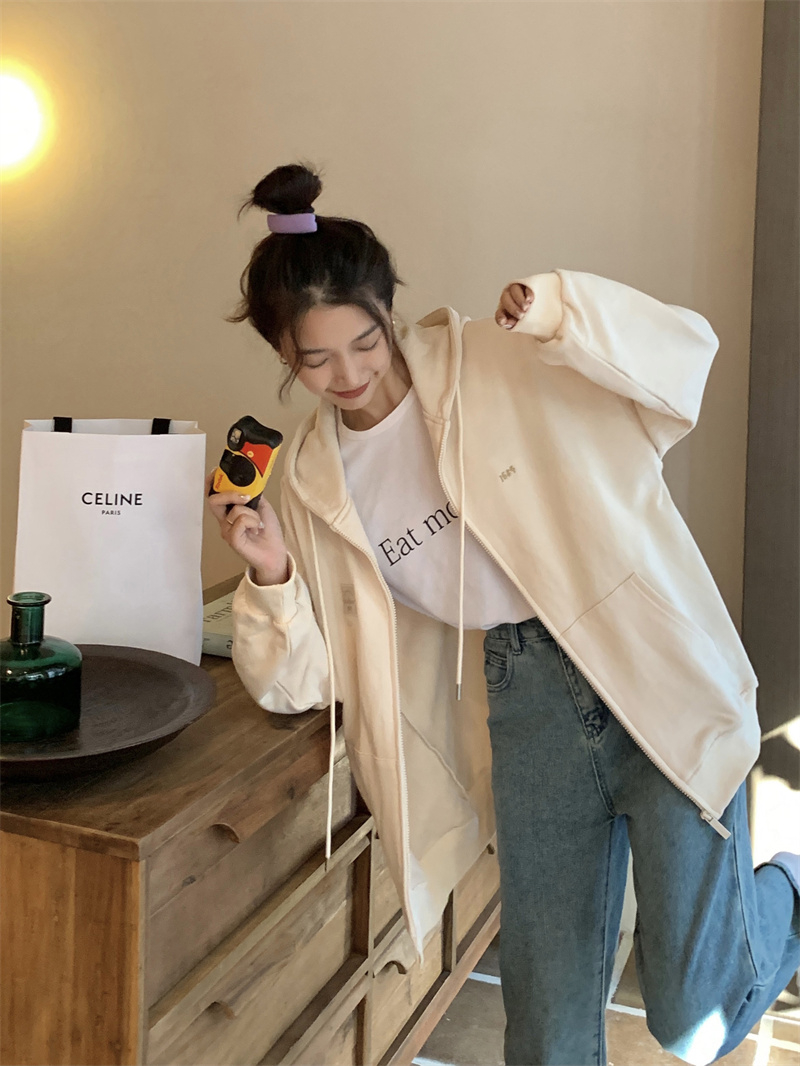 純棉華棉韓版學生開衫外套女薄款日系寬鬆大碼小個子中長連帽衛衣