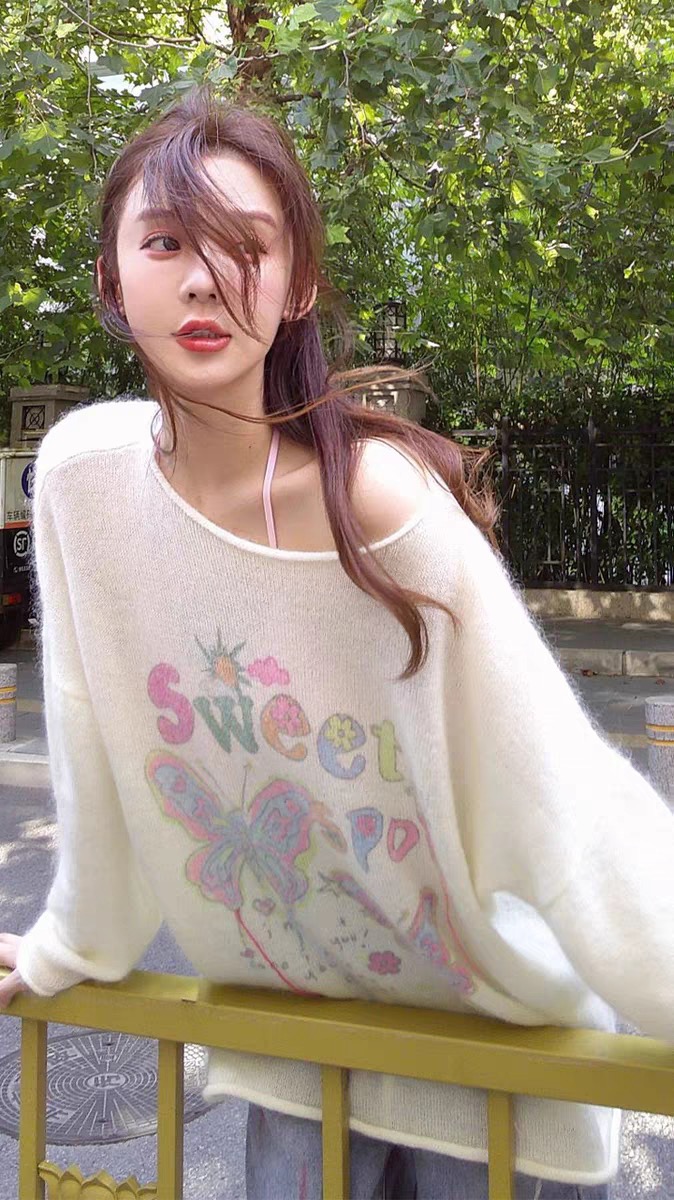 美式浪漫蝴蝶 軟糯溫柔馬海毛毛衣女寬鬆慵懶風上衣