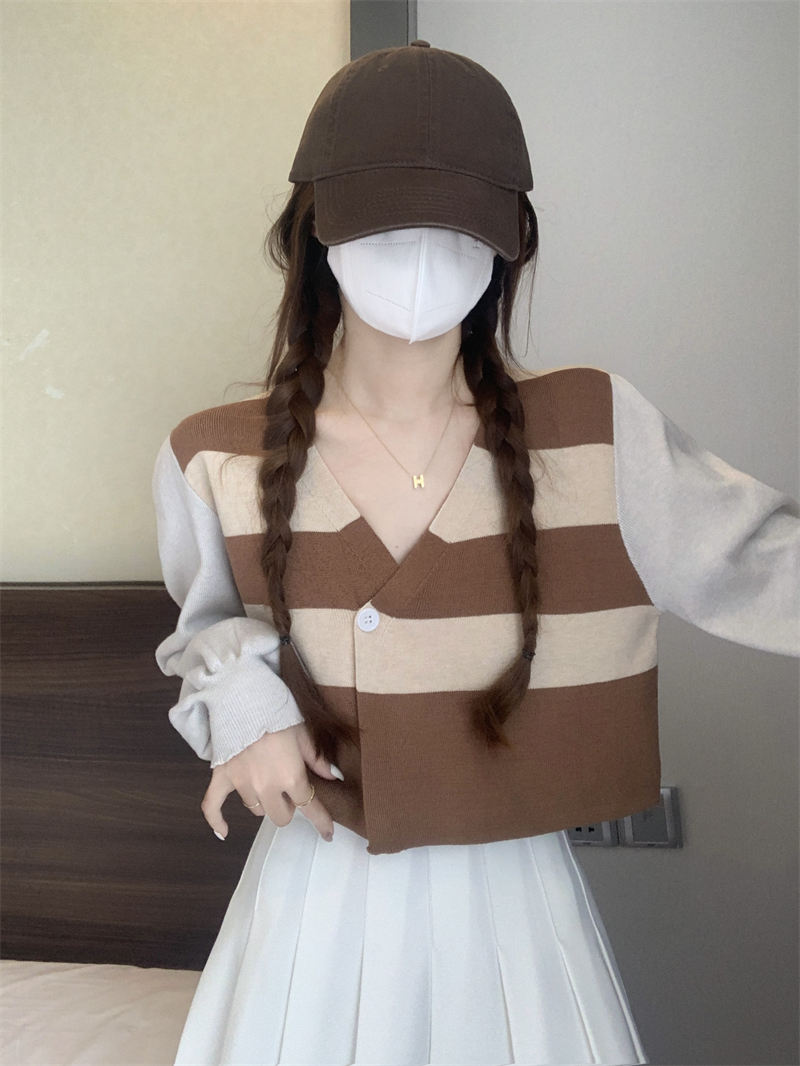 實拍 韓系泡泡袖條紋針織衫女秋冬季條紋毛衣小眾不規則上衣
