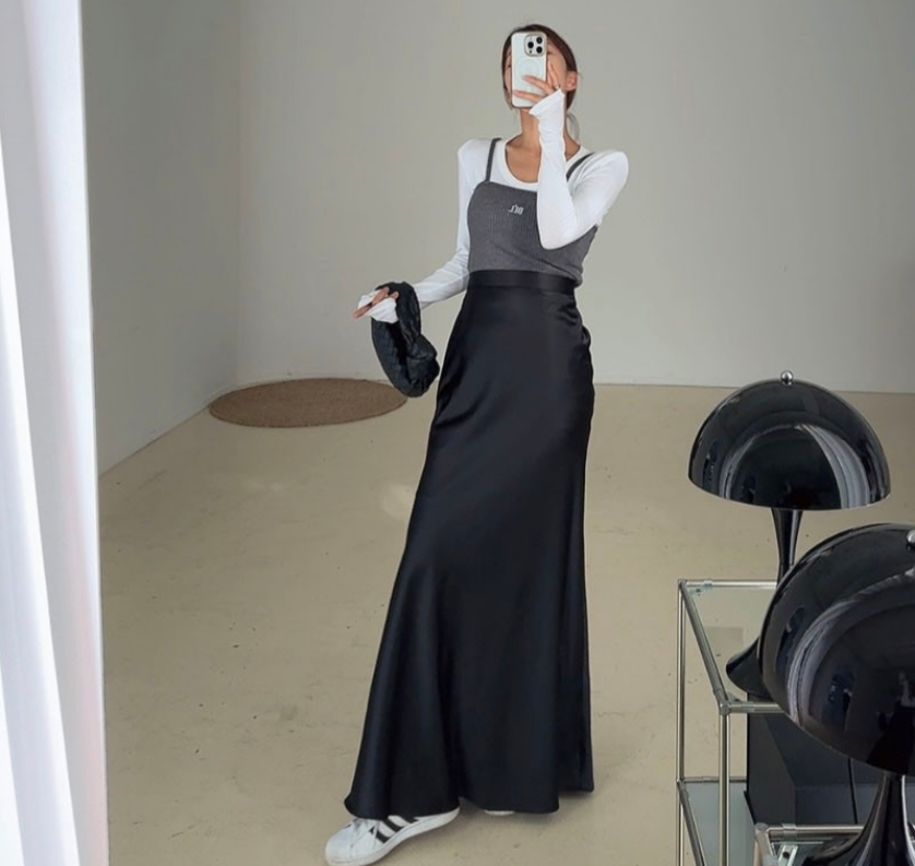 Original solid color high waist A-line skirt lined