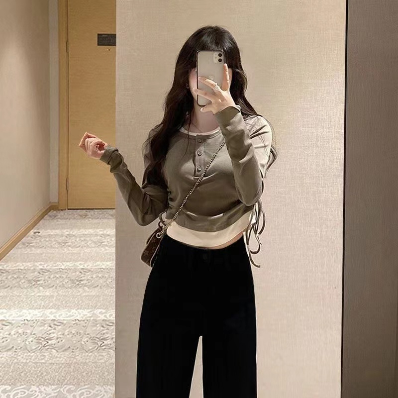 早秋季假兩件T恤女修身短款上衣女