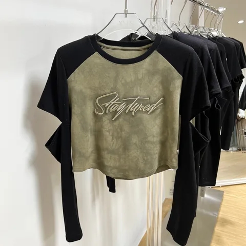 American hot girl design, unique hollow top, women's letter embroidered long-sleeved T-shirt