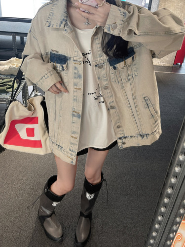Real shot!  Trendy brand washed beige denim jacket women's loose lapel couple jacket casual spring and autumn style